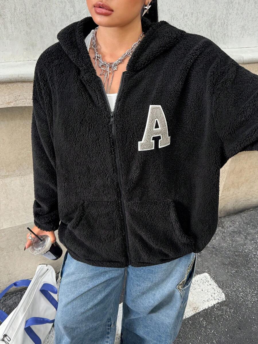 SHEIN EZwear Áo khoác nỉ có mũ trùm đầu họa tiết chữ cái cỡ lớn dành cho nữ, mùa thu/đông - màu đen - Xem 1