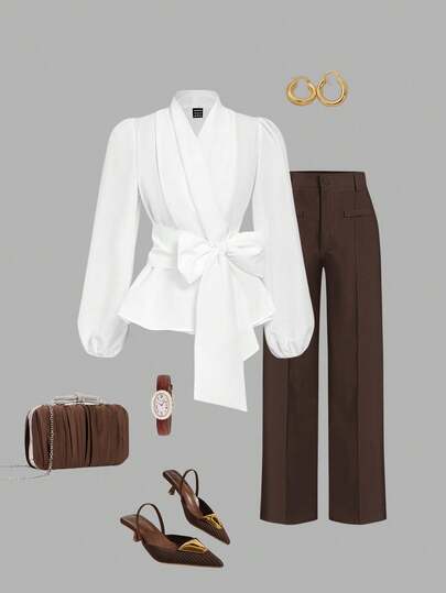 SHEIN MOD Blouse de mode à manches lanternes blanches et nœud devant pour femmes