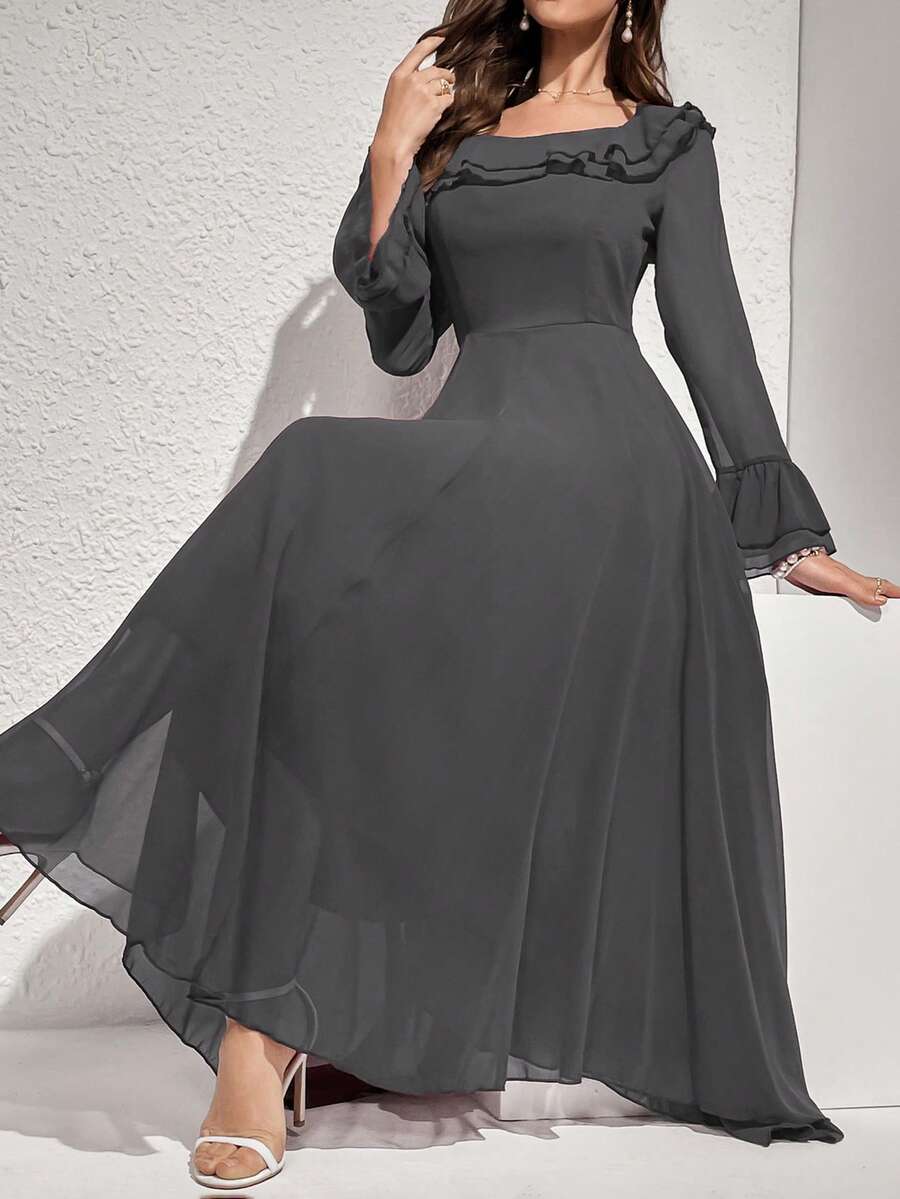 Modelyn 纯色荷叶边装饰腰带连衣裙,优雅晚会礼服,新年服装长款晚礼服 - 深灰色 - 查看 1