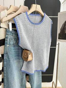 Franclia 女式休闲宽松圆领无袖针织撞色饰边卡其色毛衣上衣，春秋季 - 彩色 - 查看 4