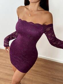 SHEIN PETITE Váy ngắn hở vai tay dài phối ren chắp vá dành cho nữ, Đầm mùa hè Quần áo mùa xuân - Màu tím - Xem 6