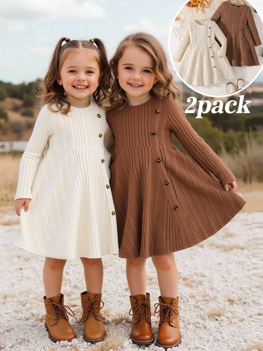 Emery Rose Kids Emery Rose Kids Bộ 2 váy liền thân mùa đông đơn giản họa tiết nút cài cổ tròn cho bé gái - Nhiều màu - Xem 1