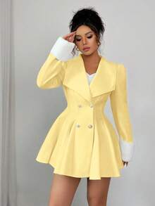 Selianne 女士貂皮翻领袖口腰部 A 字型优雅日常通勤厚羊毛大衣 - 黃色 - 查看 3