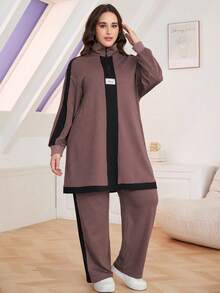 Lacomfia 2pcs Plus Size Casual Color Block Stand Collar Loose Top And Pants Set, Autumn 2 Pieces Set - Dusty Pink - View 1
