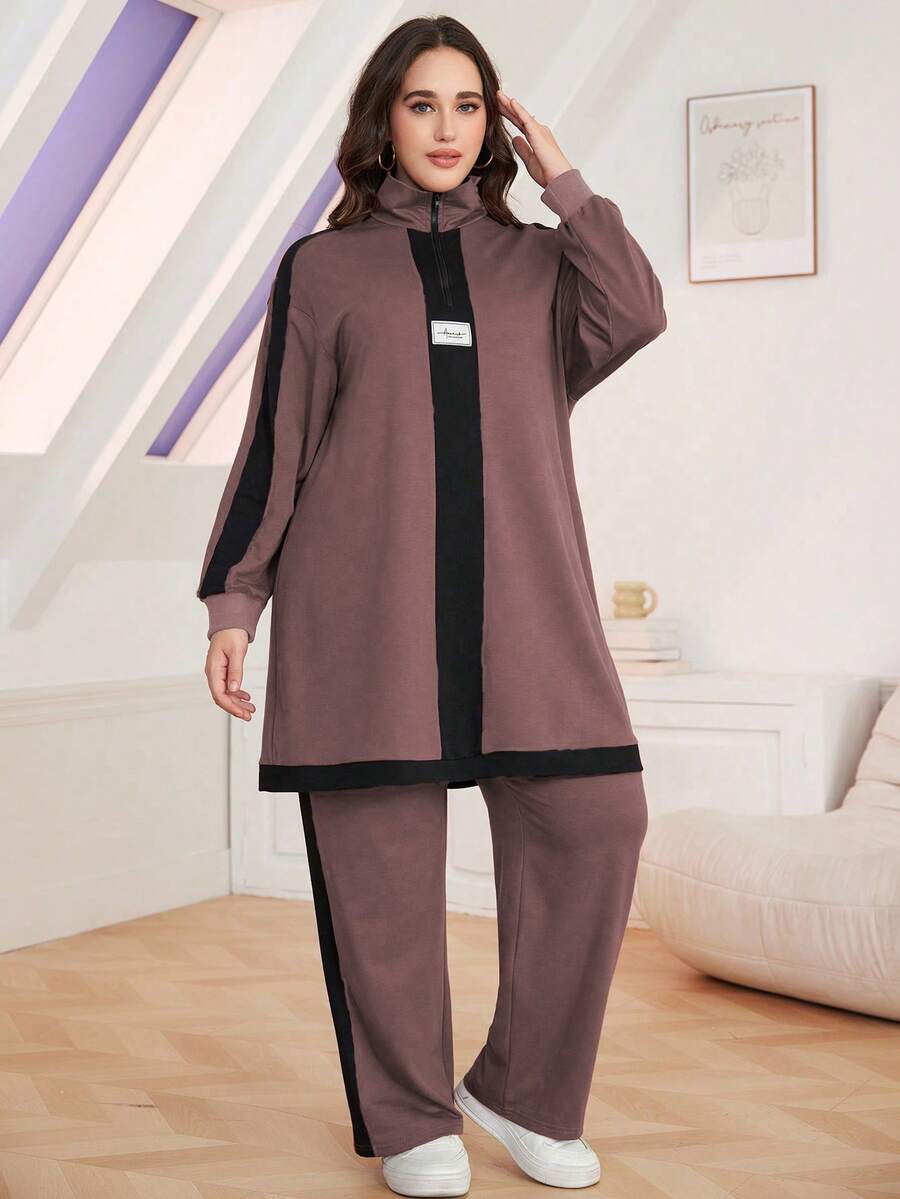 Lacomfia 2pcs Plus Size Casual Color Block Stand Collar Loose Top And Pants Set, Autumn 2 Pieces Set - Dusty Pink - View 1