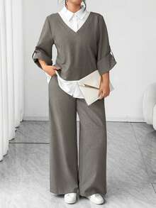 Elenzga 大码女式休闲二合一卷袖上衣和阔腿裤宽松套装 - 鵝黃色 - 查看 4