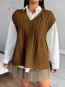 Flirla 大码女式休闲宽松V领扭纹针织背心，秋冬 - 棕色 - 查看 3