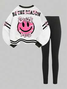 Slaydiva Conjunto de sudadera de cuello redondo y leggings de estilo casual de calle para mujer en otoño/invierno, de vuelta al colegio, estilo Y2K, ropa, estilo de calle, con gráfico de cara rosa
