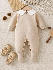 SHEIN Baby Boy Casual Rocking Horse Pattern Lapel Long Sleeve Sweater Romper, Autumn/Winter Baby Knitted Outfit Neutral Baby Clothes Baby Layette Goose Baby Outfit Baby Boy Beige Outfit Baby Romper With Rocking Horse - Multicolor - View 2