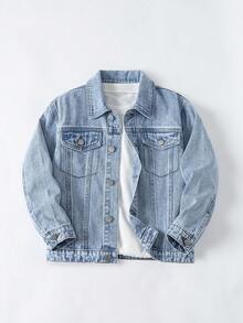 Tween Boy Enfärgad Knapp Framficka Långärmad Jeansjacka Och Kappa