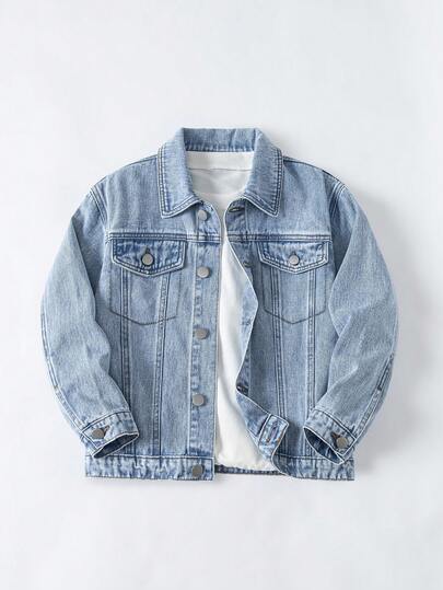 Tween Boy Enfärgad Knapp Framficka Långärmad Jeansjacka Och Kappa