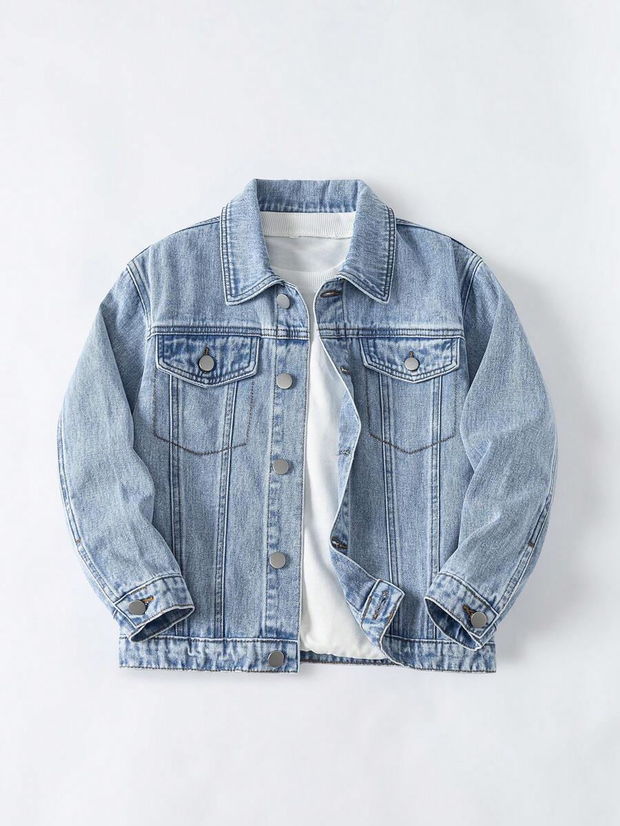 Tween Boy Enfärgad Knapp Framficka Långärmad Jeansjacka Och Kappa