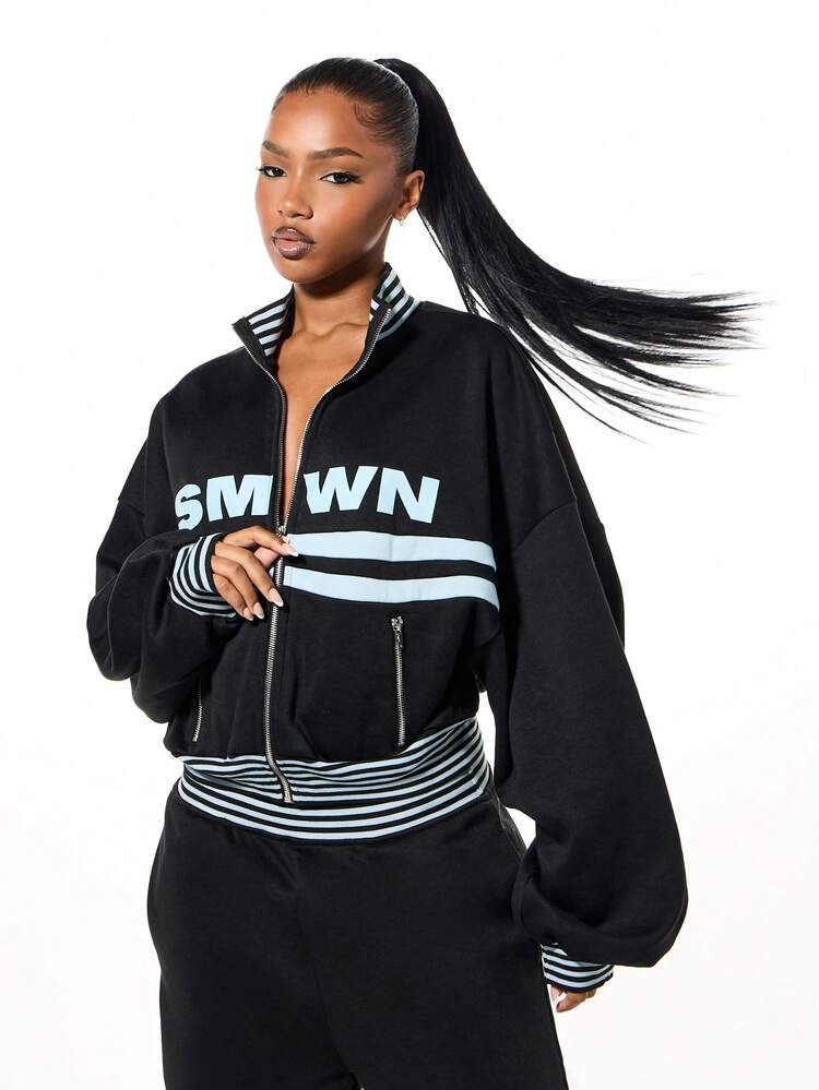 SUMWON WOMEN Boxy Fit Oversized Zip Through Funnel Neck Track Sweatshirt With Contrast Striped Detailing And Full Front Zipper