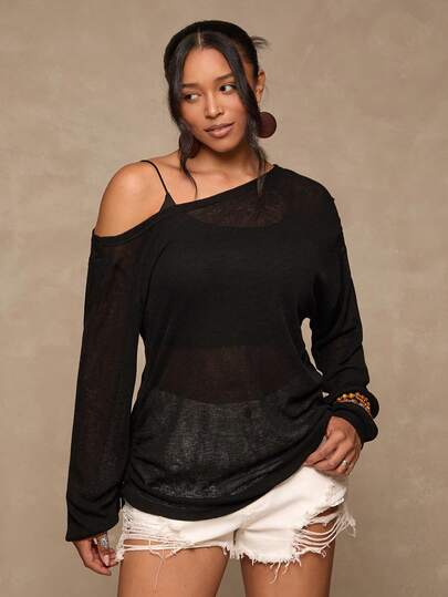 Freevana Maglia asimmetrica in maglia casual di taglia grande, T-shirt versatile adatta per l'autunno/inverno