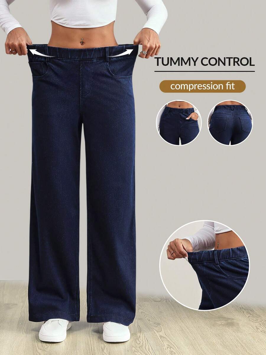 Flexra 女士松紧腰口袋针织休闲牛仔裤，简约时尚 - 藍色 - 查看 1