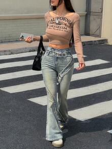 Rivivi Jeans évasés décontractés à taille haute avec boucle à œillet pour femmes - Bleu azur - Voir 3