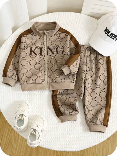 SHEIN 2pcs/Set Baby Boys Thermal Lined Fashion Patterned Stand Collar Jacket Knit Sweatshirt And Sweatpants Outfit Set, Comfortable Versatile Casual Vintage Chic, Suitable For Indoor, Outdoor Skiing, Daily Wear, Sports, Party Festival, Streetwear, Tracksuit, Joggers, Autumn/Winter Toddler Tracksuit Toddler Suit Set