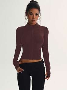 Dewbera Women's Casual Running Fitness Sports Jacket Brown Gym Top Brown Athletic Top - Rust Brown - View 4