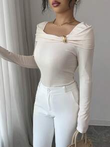 Elenzga Femmes Élégant Abricot Épaule Oblique Tricot Manches Longues Ajusté Mode T-Shirt, Convient pour l'automne, l'hiver, Thanksgiving, Soirée Élégante, Noël, Nouvel An - Nude - Voir 4