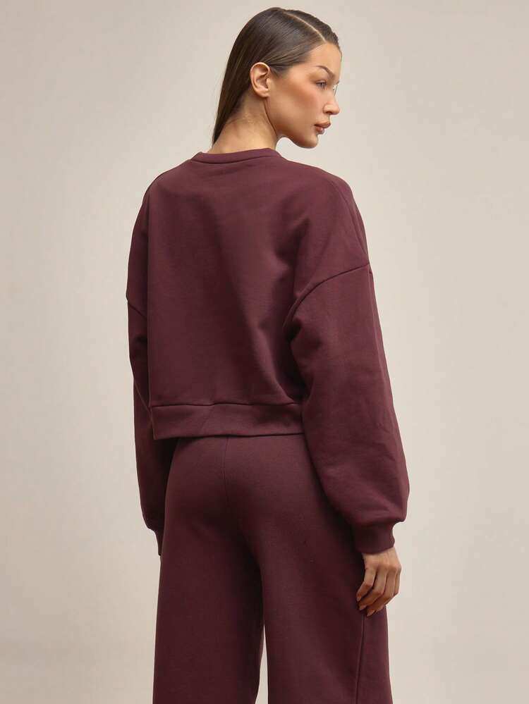 MUSERA Oversized Boxy Fit Sweatshirt Tracksuit Top Only Elegant Winter Cute Casual - Maroon - View 4