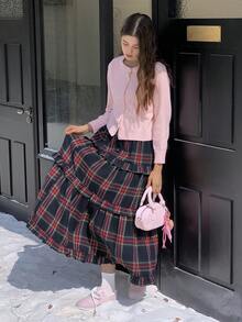 DAZY 少女休闲格子印花多层荷叶边下摆迷你裙