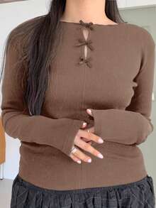 Dazy Plus Crew Neck Bow Decor Slim Fit Long Sleeve T-Shirt, Spring/Summer - Brown - View 1