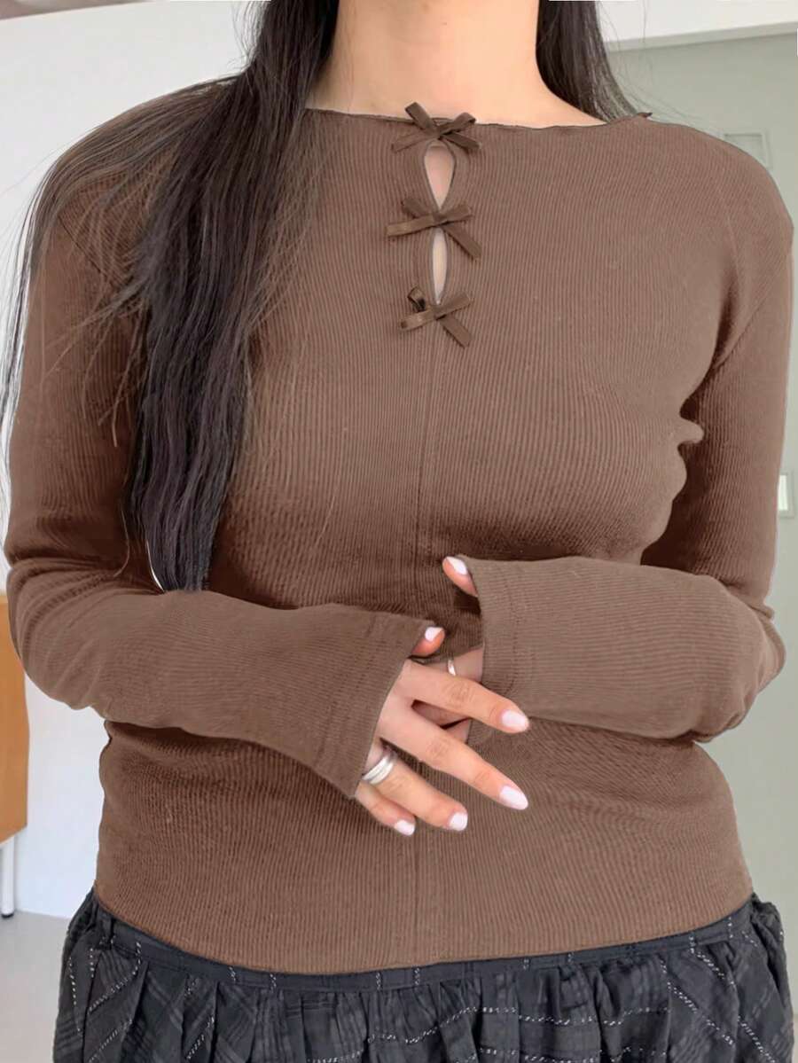 Dazy Plus Crew Neck Bow Decor Slim Fit Long Sleeve T-Shirt, Spring/Summer - Brown - View 1