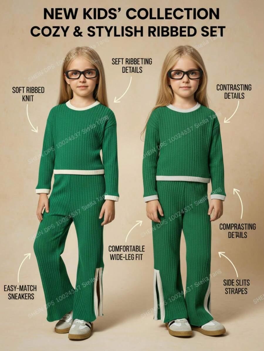 SHEIN 2pcs/Set Young Girl Beige Patchwork Green Contrast Color Casual Top And Flared Leg Pants Set,Softautumncolorpalette,Familymatching Ribbed Knit Outfit - Multicolor - View 1