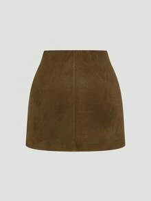 Sweetra Váy ngắn lông xù màu nâu cỡ lớn xếp ly bất đối xứng trang trí khóa kéo phía sau bằng da lộn, phong cách tối giản đi làm, mùa thu/đông - Màu Khaki - Xem 2