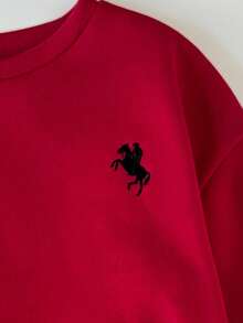 SHEIN 女童服装纯红色圆领刺绣运动衫搭配格子百褶裙女童两件套，红色格子裙套装，圣诞裙套装 - 紅色 - 查看 13