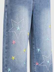 Explorewe SHEIN KIDS Tween Girls Jeans,  Gifts For 11 Year Old Girls,New Arrival For Fall/Winter 2025, American Vintage Fashion Star Embroidery Design, Children's Relaxed Fit Straight Leg Loose Jeans, Suitable For Outings, School, Commute, Parties, Christmas Celebrations And Home Wear Star Jeans Jeans With Design Embroidery Jeans Baggy Star Jeans Tween Jean Pants Star Embroidered Jeans - Blue - View 5