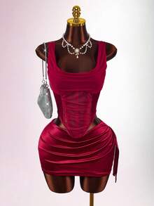 Amplova 女士鱼骨文胸上衣两件套，性感前卫，适合秋冬派对装搭配裹身性感迷你裙 - 紅色 - 查看 2