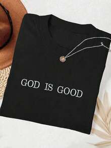 INAWLY 上帝是善良的刺绣简约基督教信仰舒适彩色衬衫，信仰衬衫，信仰T恤，教会团体衬衫，女士刺绣圆领T恤 - 黑色 - 查看 3