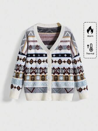 ROMWE Avant Cardigan in maglia a taglia comoda con motivo geometrico a righe vintage, maglione vintage natalizio invernale e autunnale per taglie forti, cardigan in maglia per donne taglie forti