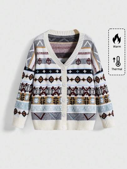 ROMWE Avant Cardigan in maglia a taglia comoda con motivo geometrico a righe vintage, maglione vintage natalizio invernale e autunnale per taglie forti, cardigan in maglia per donne taglie forti