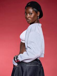 Normani Solid Open Front Crop Long Sleeve Jacket Fall Winter Cloth For Women - Grey - View 5