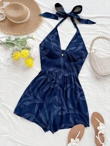 Soleia 女士度假棕色柳条纹理 V 领露背系带蝴蝶结开襟连体衣，适合海滩、音乐节、嬉皮士、派对、约会、下午茶 - 藏蓝色 - 查看 3