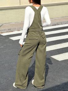 SHEIN EZwear Women's Asian Style Casual Everyday Versatile Denim Bib Pants And Jumpsuit - Army Green - View 2