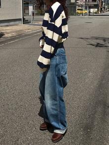 FRIFUL 女式休闲落肩条纹宽松T恤，秋季 - 藏蓝色 - 查看 2