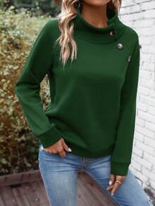 SHEIN LUNE Áo nỉ cổ đứng màu trơn thường ngày, Thu/Đông - Màu xanh lá cây đậm - Xem 5