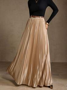 MOTF PREMIUM SOLID PLEATED BUCKLE BELTED SKIRT - Khaki - View 4