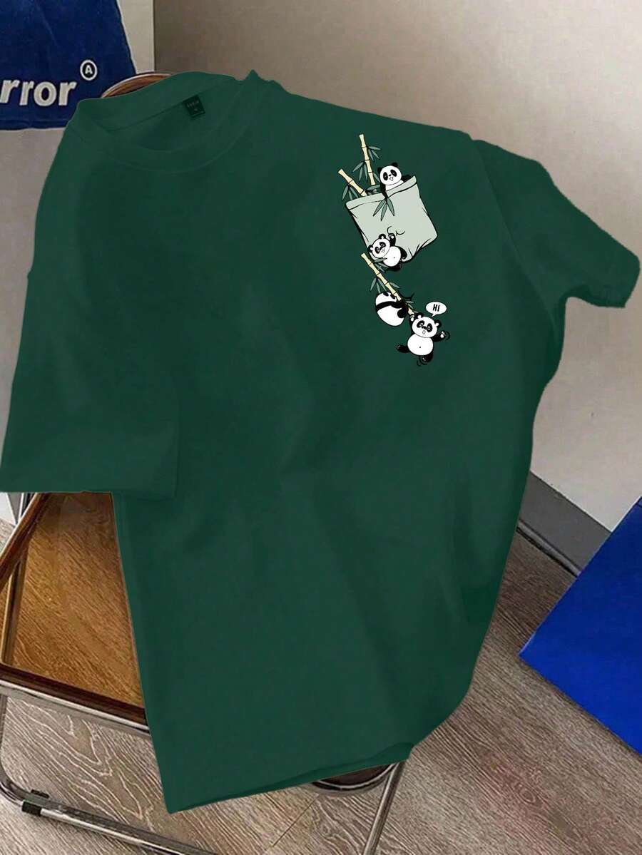 Manfinity Joysei 修身男士橄榄绿色卡通熊猫印花圆领短袖休闲T恤 - 墨綠色 - 查看 1