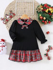 SHEIN Playful Pals Vestido casual de princesa de manga larga con bloqueo de color a cuadros y decoración de lazo 3D para niñas, vestido informal para primavera/otoño - Negro - Ver 3
