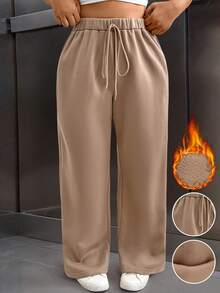 Juhart Quần nỉ ấm áp cạp chun co giãn màu trơn cỡ lớn cho nữ - màu nâu - Xem 1