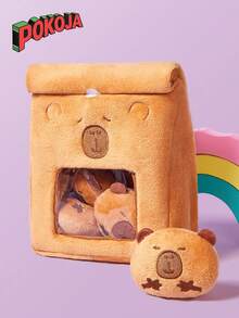 19厘米/7.48英寸可爱水豚包毛绒玩具包，内含4只可爱水豚毛绒动物，内含一袋面包水豚零食包，毛绒仿真水豚玩具，适合儿童圣诞节生日派对礼物房间装饰 - 棕色 - 查看 2