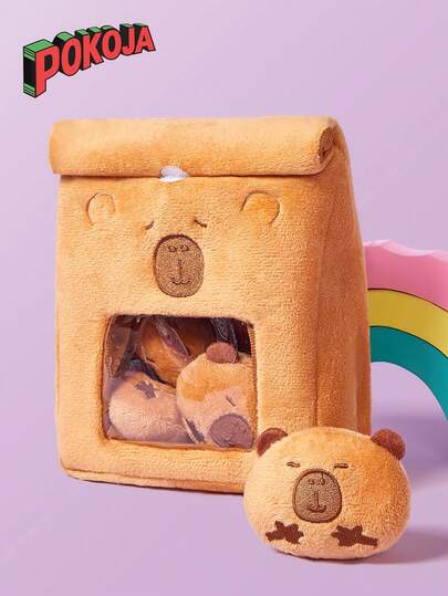 19厘米/7.48英寸可爱水豚包毛绒玩具包，内含4只可爱水豚毛绒动物，内含一袋面包水豚零食包，毛绒仿真水豚玩具，适合儿童圣诞节生日派对礼物房间装饰