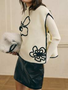 Cévolie 女式休闲花卉图案蝙蝠袖针织上衣，秋冬 - 彩色 - 查看 3