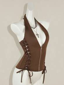 SHEIN ICON 夏季 Y2K V 领外出演唱会女式演唱会黑色哥特性感索环纯色时尚侧交叉带露背背心，夏季 - 棕色 - 查看 4