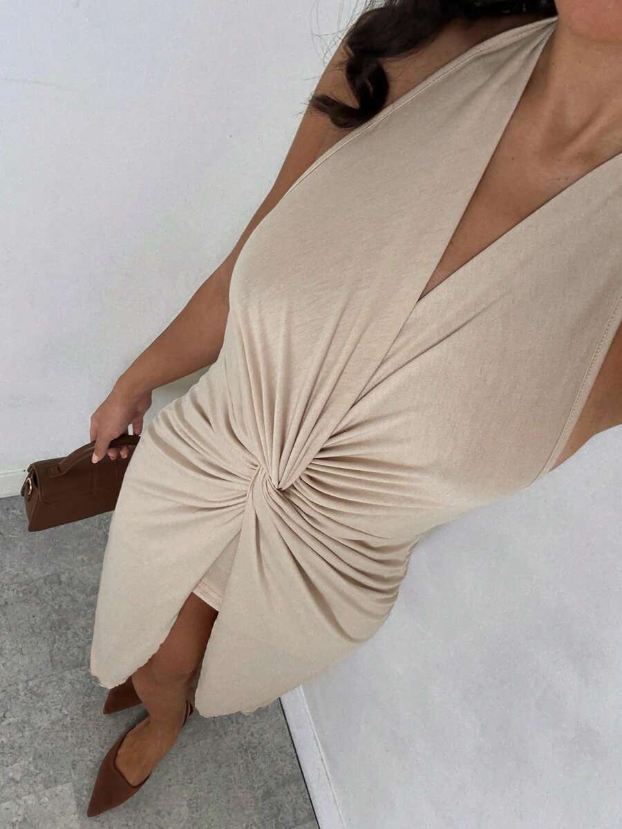 Glamine Váy hở lưng thắt nút màu be thời trang gợi cảm dành cho nữ - Màu be - Xem 1