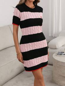Elenzga Women's Colorblock Striped Short Sleeve Knit Dress - Pink - View 6